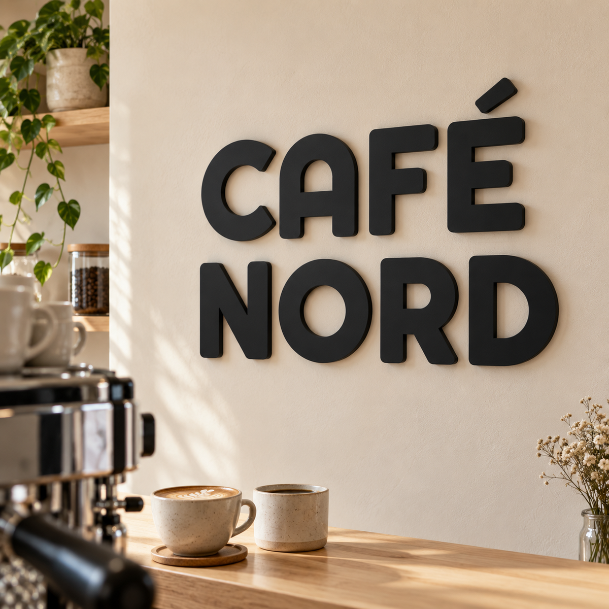 Schwarze 3D-Buchstaben CAFÉ NORD in kräftiger gerundeter Schrift über einer Cafétheke – Gestaltungsbeispiel