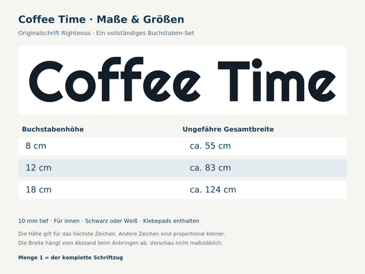 Maße des kompletten 3D-Schriftzugs Coffee Time: Buchstabenhöhen und ungefähre Gesamtbreiten in Schrift Righteous