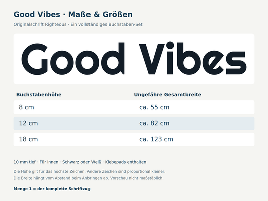 Maße des kompletten 3D-Schriftzugs Good Vibes: Buchstabenhöhen und ungefähre Gesamtbreiten in Schrift Righteous
