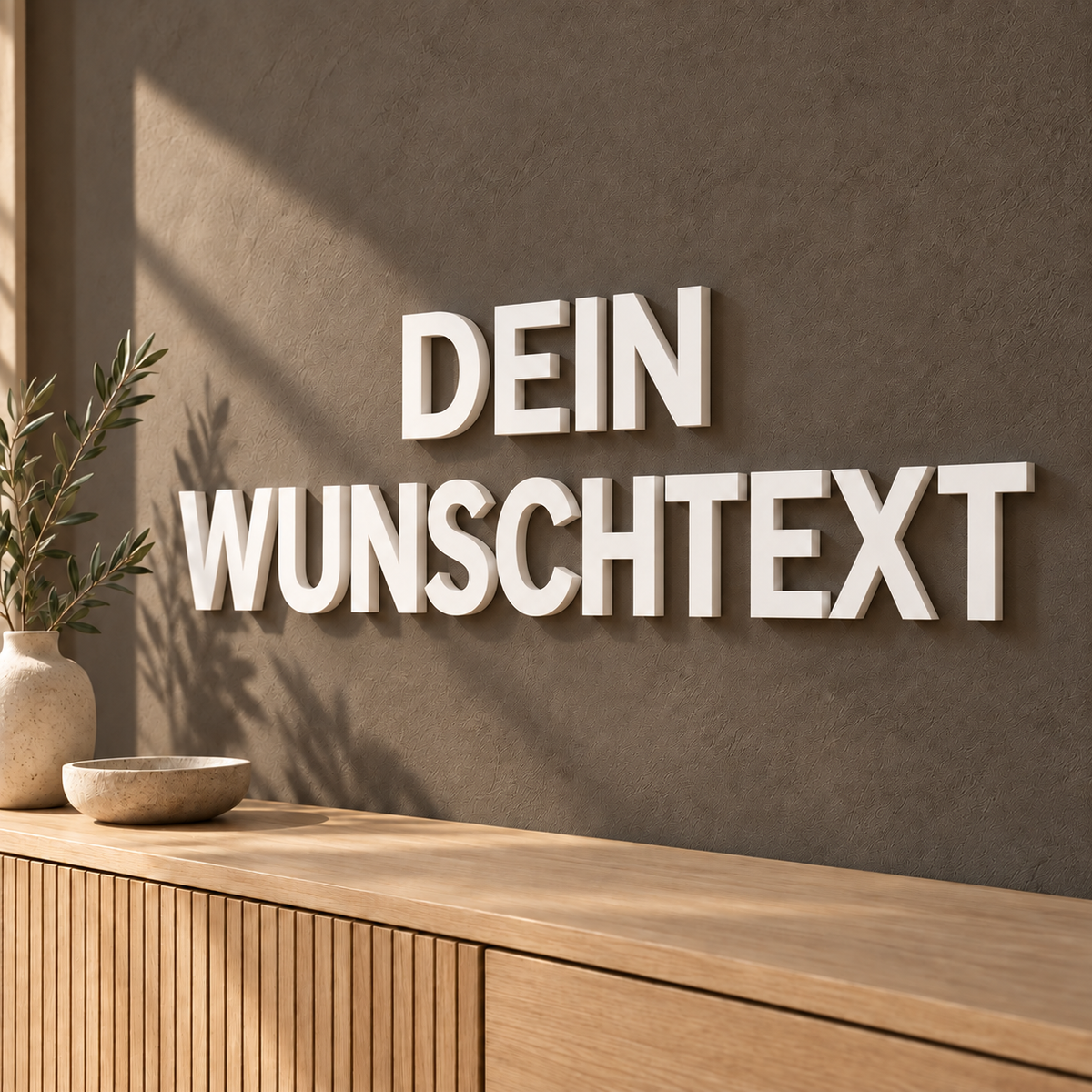 Weiße 3D-Wandbuchstaben DEIN WUNSCHTEXT mit 24 cm Buchstabenhöhe in moderner Schrift