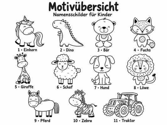 Motivübersicht für Kinder-Namensschilder: 1 Einhorn, 2 Dino, 3 Bär, 4 Fuchs, 5 Giraffe, 6 Schaf, 7 Hund, 8 Löwe, 9 Pferd, 10 Zebra und 11 Traktor.