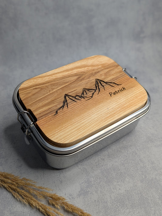 Hochwertige Edelstahl Lunchbox personalisiert - mit Holzbrett