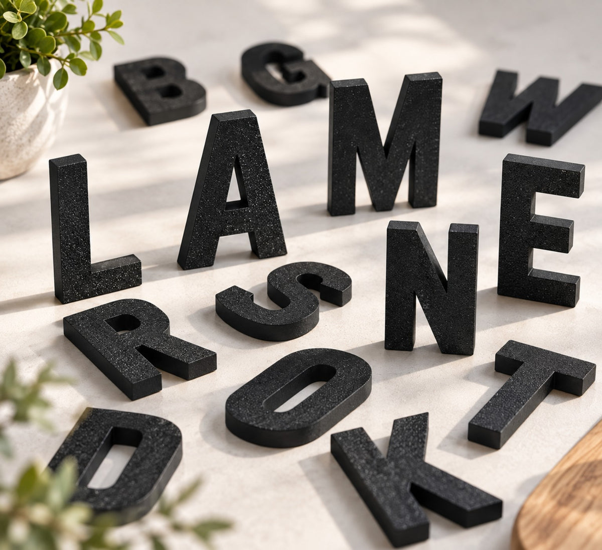 Schwarze 3D-Buchstaben in verschiedenen Größen als moderne Wanddekoration
