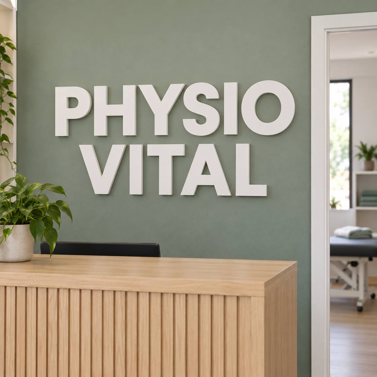 Weiße 3D-Firmenbeschriftung PHYSIO VITAL am Empfang eines Physiotherapiezentrums – Gestaltungsbeispiel