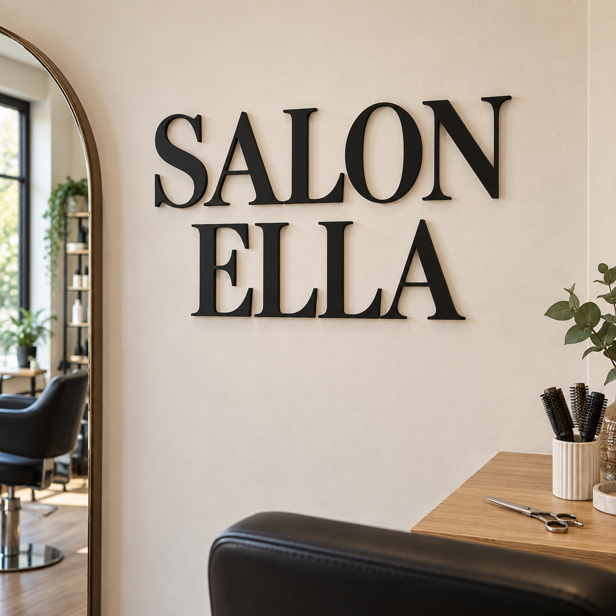 Schwarzer 3D-Schriftzug SALON ELLA in eleganter Serifenschrift im Friseursalon – Gestaltungsbeispiel