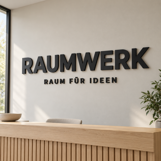 Schwarzer 3D-Firmenschriftzug RAUMWERK mit kleinerem Slogan RAUM FÜR IDEEN über einer Empfangstheke – KI-Gestaltungsbeispiel