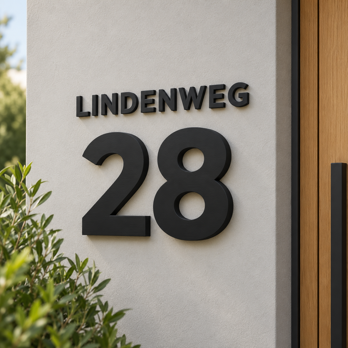 Schwarze 3D-Hausnummer 28 mit kleinem Straßennamen LINDENWEG darüber – Gestaltungsbeispiel aus zwei Konfigurationen