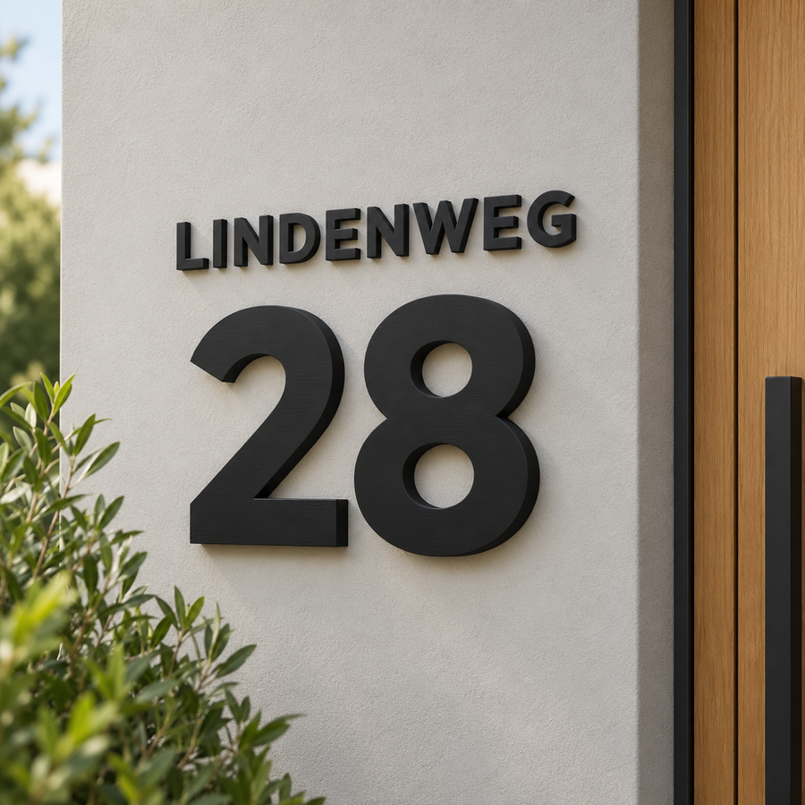 Schwarze 3D-Hausnummer 28 mit kleinem Straßennamen LINDENWEG darüber – Gestaltungsbeispiel aus zwei Konfigurationen