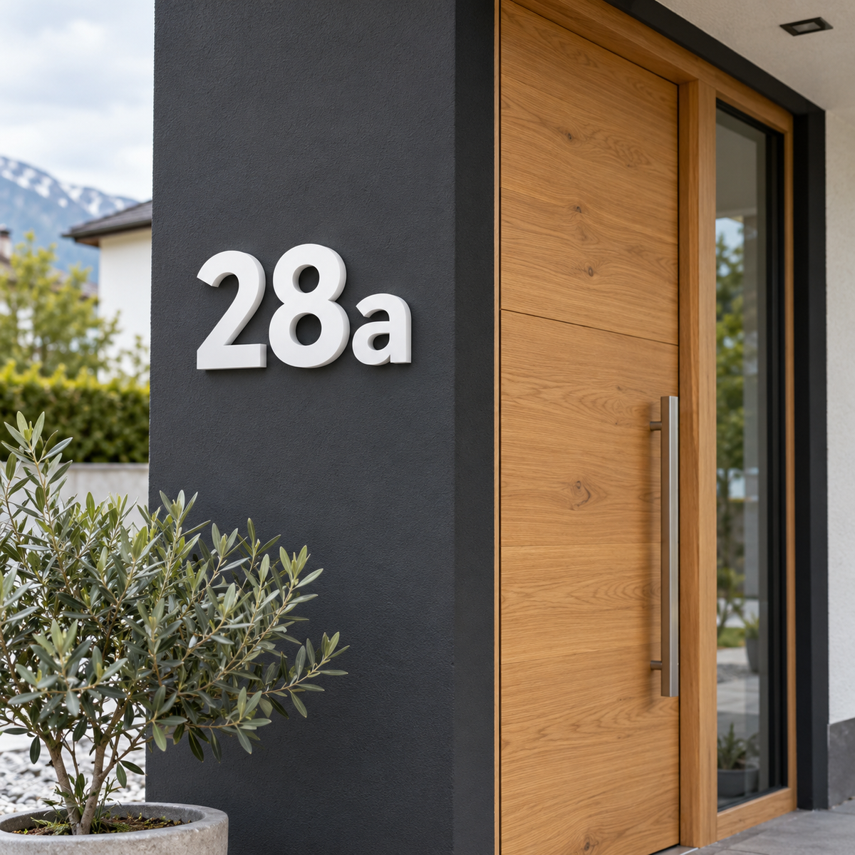 Weiße 3D-Hausnummer 28a an einer dunklen Wand am Hauseingang