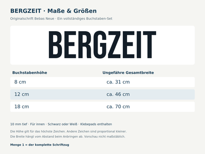 Maße des kompletten 3D-Schriftzugs BERGZEIT: Buchstabenhöhen und ungefähre Gesamtbreiten in Schrift Bebas Neue