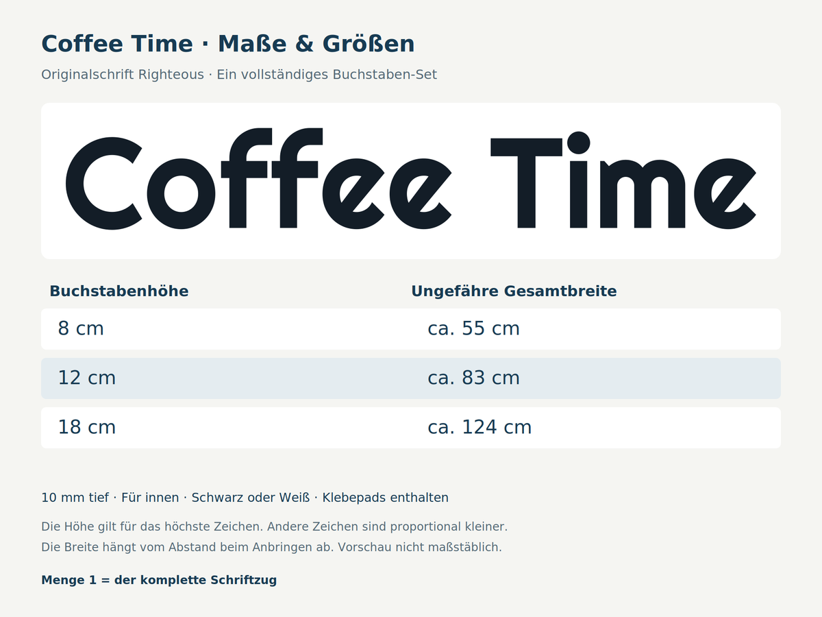 Maße des kompletten 3D-Schriftzugs Coffee Time: Buchstabenhöhen und ungefähre Gesamtbreiten in Schrift Righteous