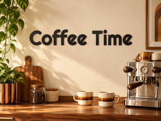 3D-Schriftzug Coffee Time in Schwarz aus PLA, Schrift Righteous, als Wanddekoration im passend eingerichteten Wohnraum