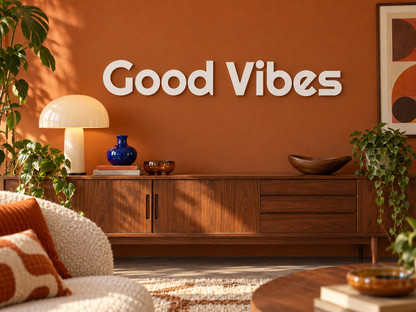 3D-Schriftzug Good Vibes in Weiß aus PLA, Schrift Righteous, als Wanddekoration im passend eingerichteten Wohnraum