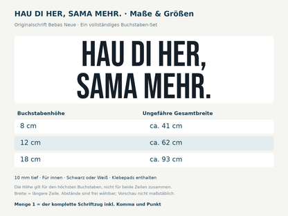 Maße des kompletten zweizeiligen 3D-Schriftzugs HAU DI HER, SAMA MEHR. in Bebas Neue: 8 cm Höhe ca. 41 cm breit, 12 cm ca. 62 cm, 18 cm ca. 93 cm, Tiefe 10 mm