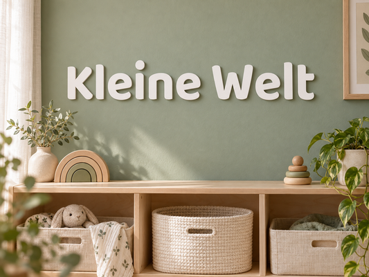 3D-Schriftzug Kleine Welt in Weiß aus PLA, Schrift Baloo 2, als Wanddekoration im passend eingerichteten Wohnraum