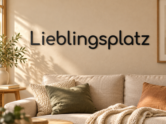 3D-Schriftzug Lieblingsplatz in Schwarz aus PLA, Schrift Comfortaa, als Wanddekoration im passend eingerichteten Wohnraum
