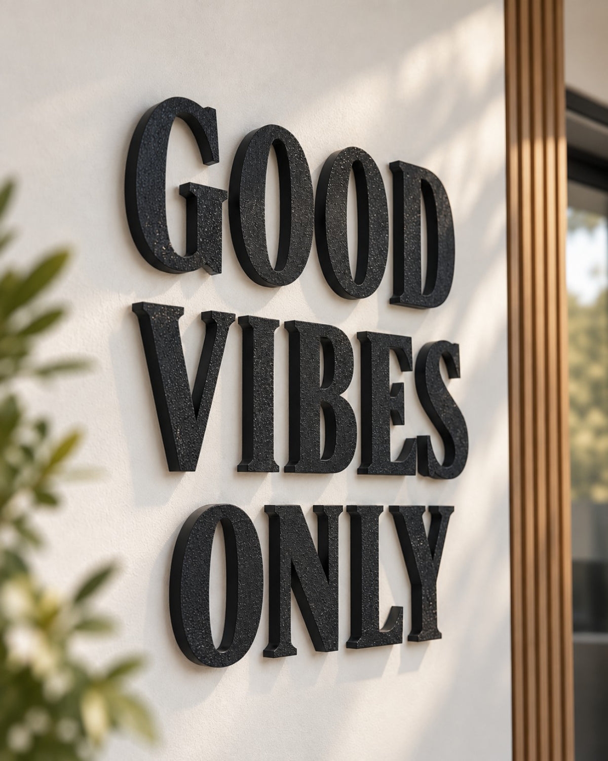 Schwarze 3D-Wandbuchstaben mit dem Schriftzug Good Vibes Only an einer hellen Wand