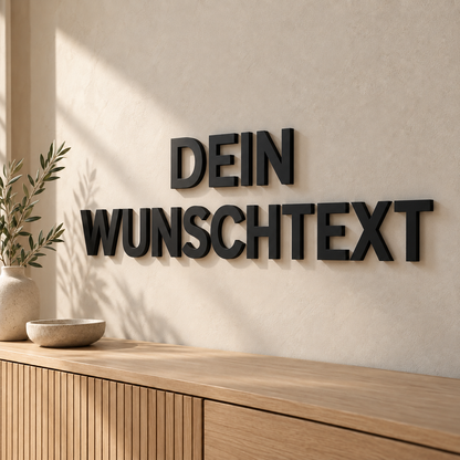 Schwarze 3D-Wandbuchstaben DEIN WUNSCHTEXT mit 10 cm Buchstabenhöhe in moderner Schrift