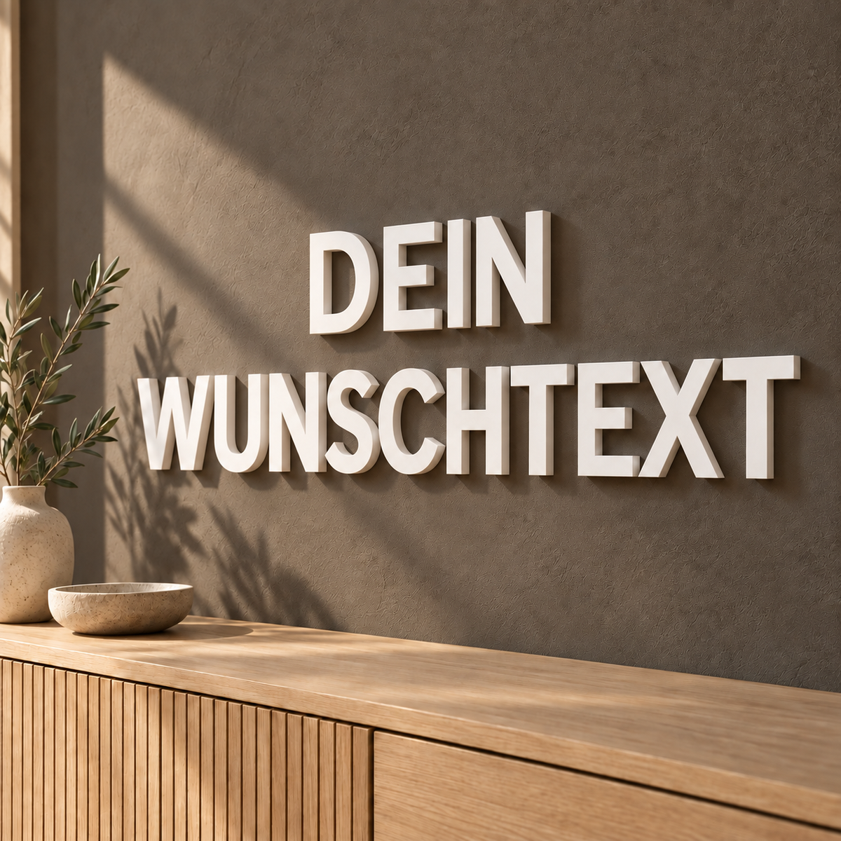 Weiße 3D-Wandbuchstaben DEIN WUNSCHTEXT mit 12 cm Buchstabenhöhe in moderner Schrift