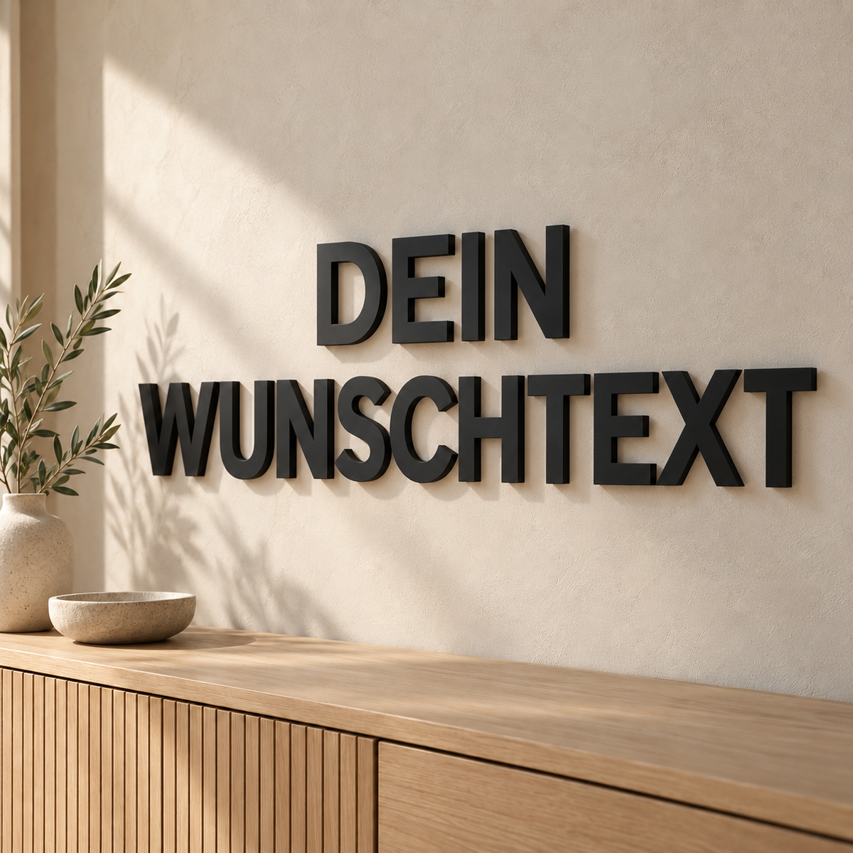 Schwarze 3D-Wandbuchstaben DEIN WUNSCHTEXT mit 15 cm Buchstabenhöhe in moderner Schrift