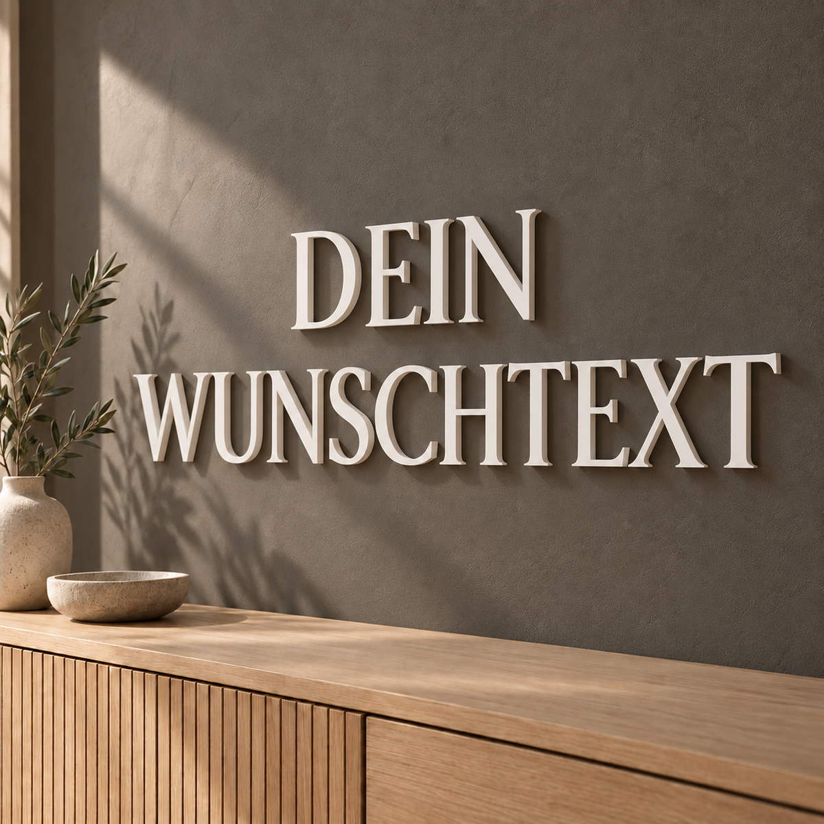 Weiße 3D-Wandbuchstaben DEIN WUNSCHTEXT mit 15 cm Buchstabenhöhe in der Schriftart Forum