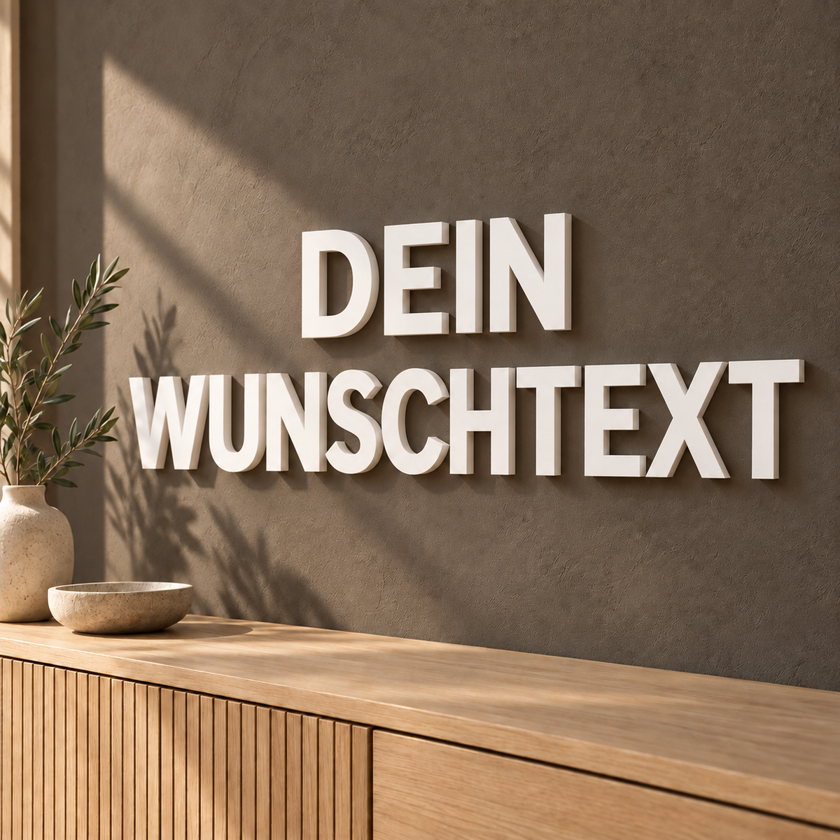 Weiße 3D-Wandbuchstaben DEIN WUNSCHTEXT mit 18 cm Buchstabenhöhe in moderner Schrift