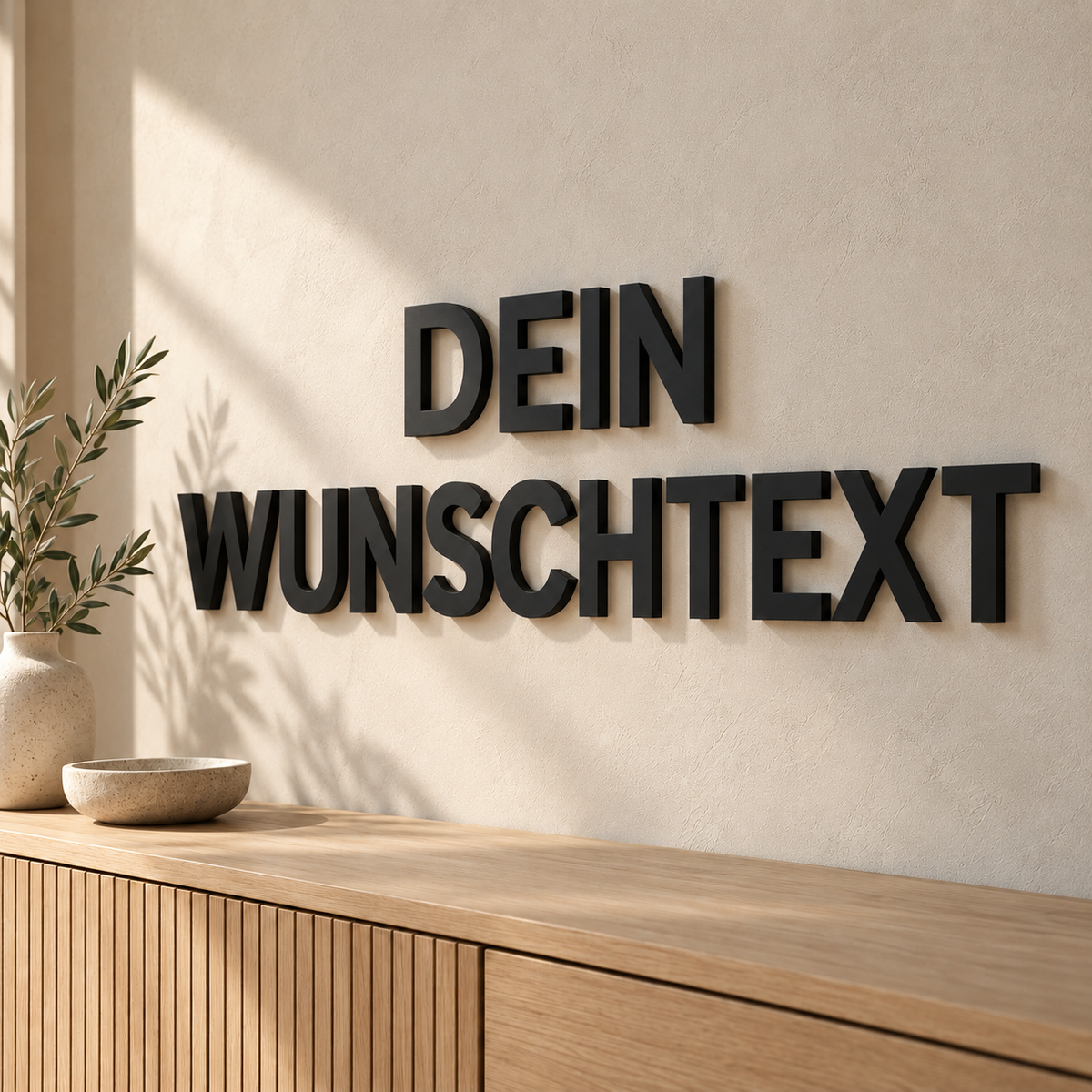 Schwarze 3D-Wandbuchstaben DEIN WUNSCHTEXT mit 20 cm Buchstabenhöhe in moderner Schrift