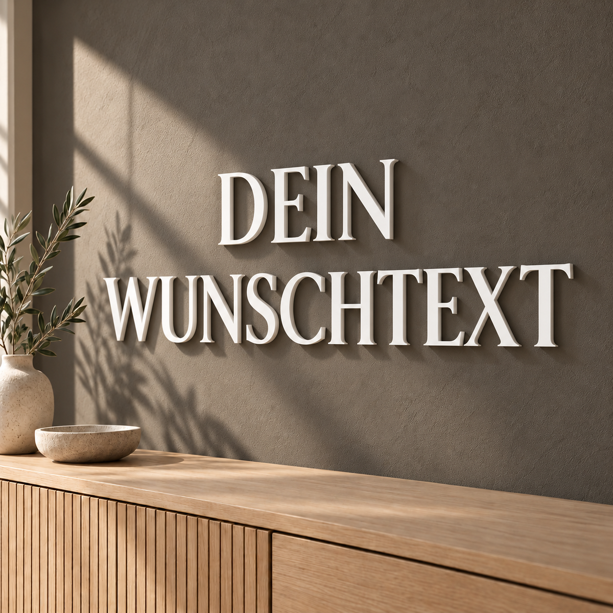 Weiße 3D-Wandbuchstaben DEIN WUNSCHTEXT mit 20 cm Buchstabenhöhe in der Schriftart Forum