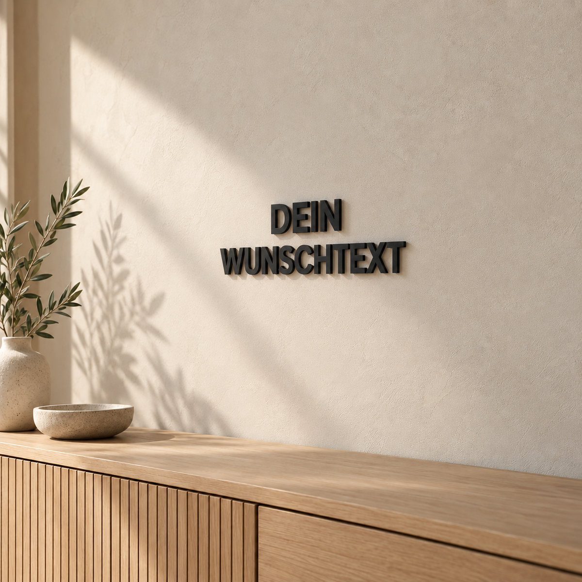 Schwarze 3D-Wandbuchstaben DEIN WUNSCHTEXT mit 5 cm Buchstabenhöhe in moderner Schrift
