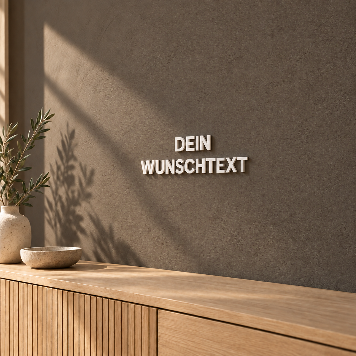 Weiße 3D-Wandbuchstaben DEIN WUNSCHTEXT mit 8 cm Buchstabenhöhe in moderner Schrift
