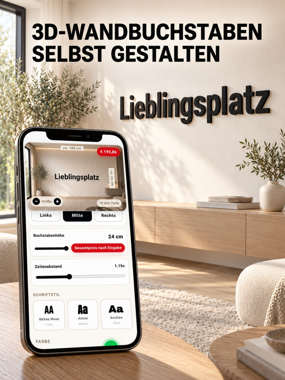 3D-Wandbuchstaben „Lieblingsplatz“ im Konfigurator selbst gestalten