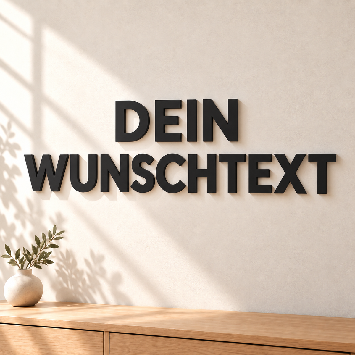 Personalisierte schwarze 3D-Wandbuchstaben „DEIN WUNSCHTEXT“ an einer hellen Wand über einer Holzkommode
