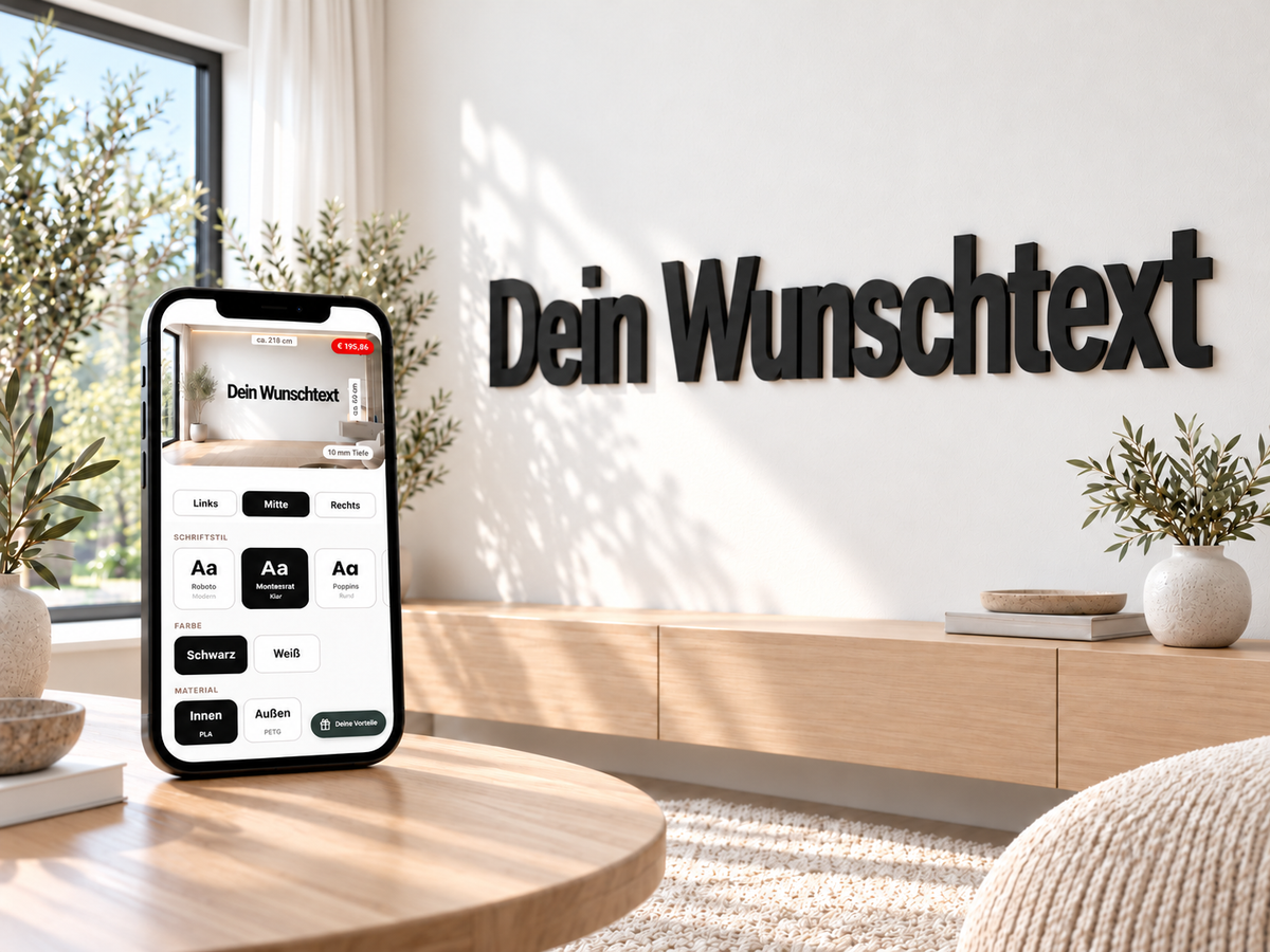 3D-Wandschriftzug „Dein Wunschtext“ an einer hellen Wand mit Smartphone-Vorschau des Konfigurators