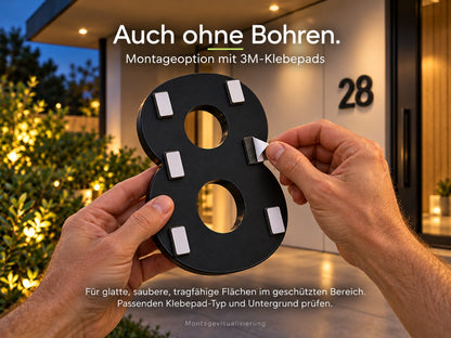 Alternative Montage mit 3M-Klebepads auf geeigneten glatten Flächen im geschützten Bereich