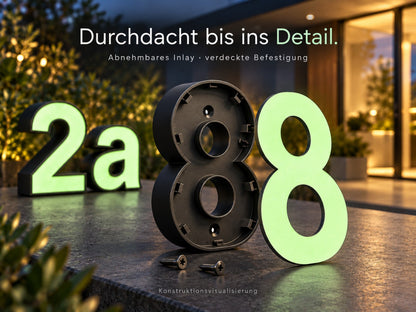 Konstruktionsvisualisierung der Hausnummer mit abnehmbarem Inlay und verdeckter Befestigung