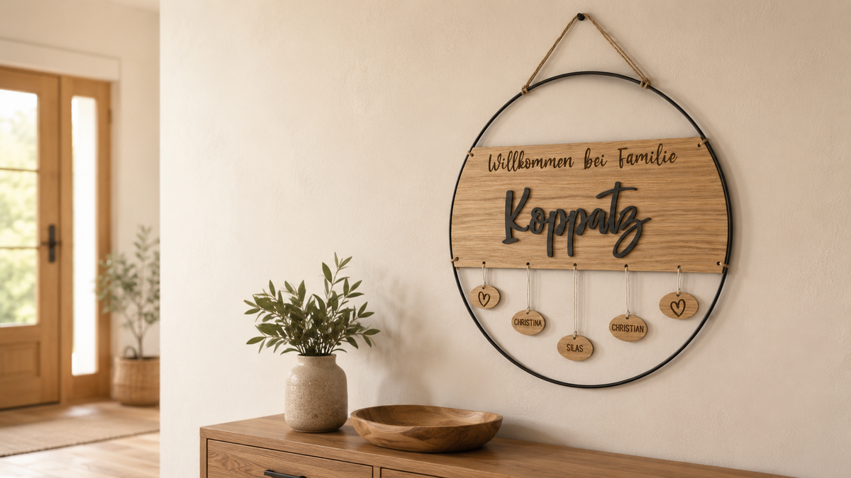 Personalisiertes Türschild aus Holz mit Metallring und Familiennamen an einer hellen Wand