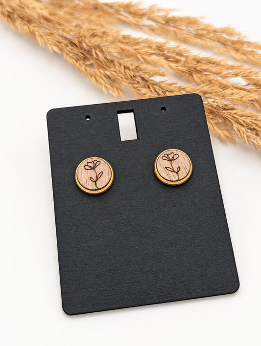 Holz-Ohrstecker mit Blumen-Motiv und goldfarbener, vernickelter Fassung, 12 mm