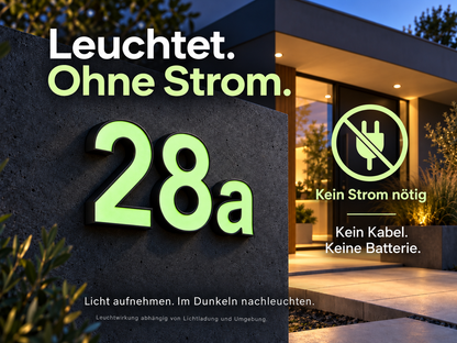 Nachleuchtende Hausnummer 28a mit grünem Inlay: ohne Strom, Kabel oder Batterie – Produktvisualisierung