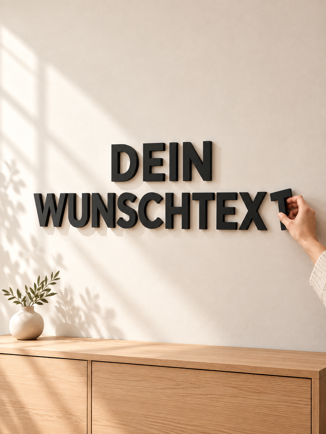 Schwarze 3D-Wandbuchstaben mit dem Schriftzug Dein Wunschtext an einer hellen Wand