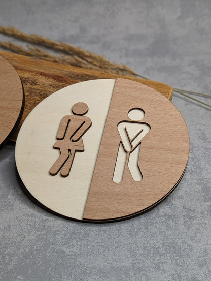 WC-Schild Ø15cm Holz - 2 Farben: Natur & Schwarz - Die Bildschneiderei