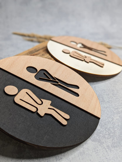 WC-Schild Ø15cm Holz - 2 Farben: Natur & Schwarz - Die Bildschneiderei